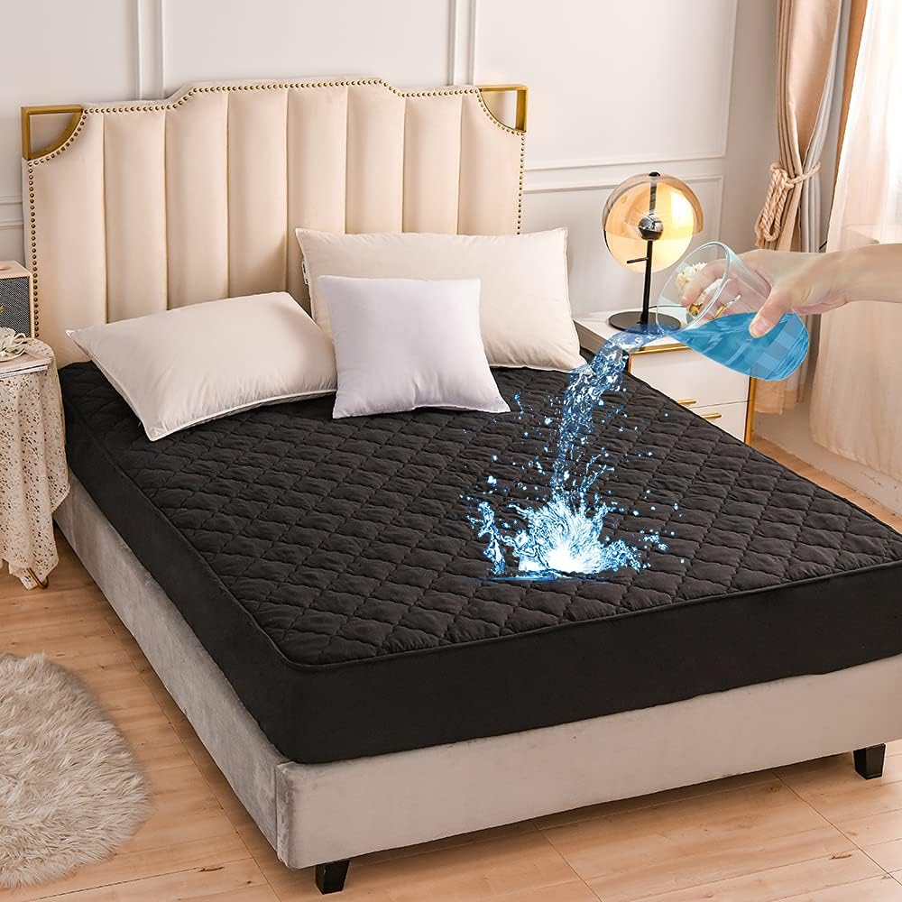 Soft Cotton Quilted 100% Waterproof Fitted Mattress Protector (Black).