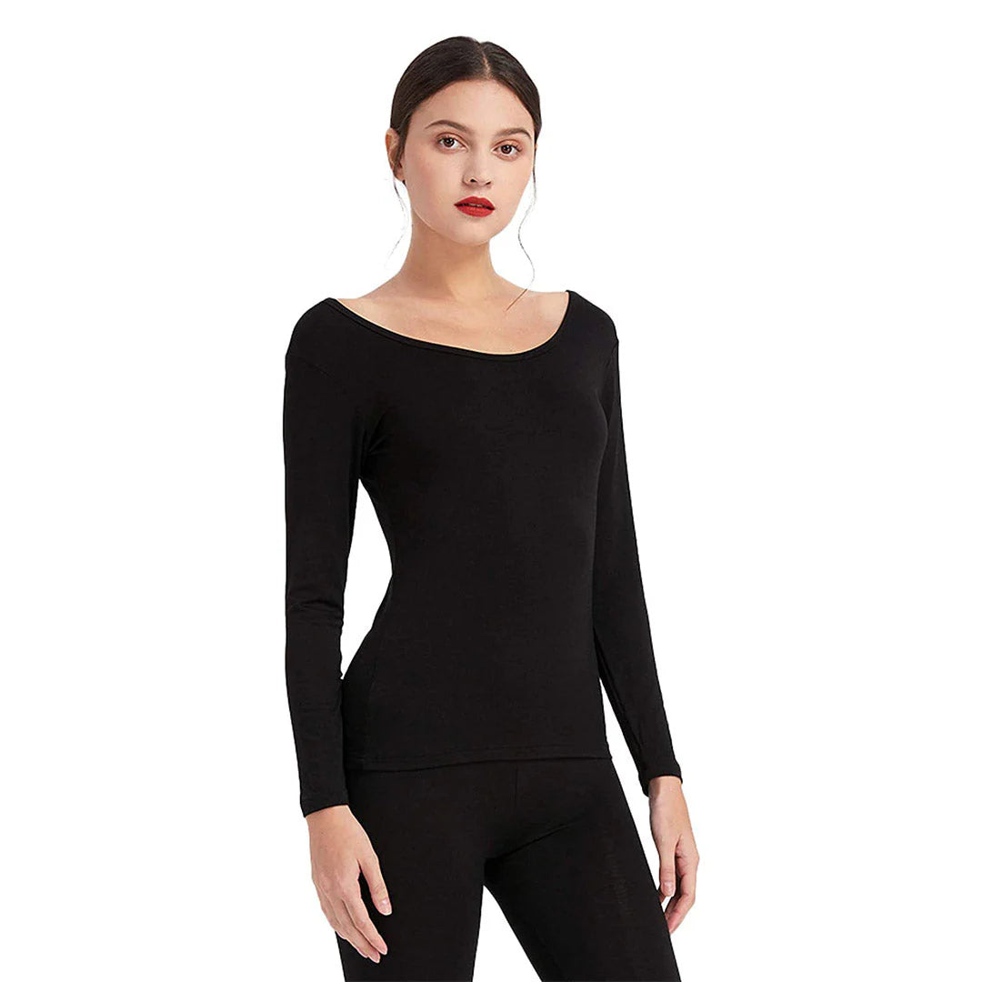 Women's Deep Neck Thermal Warmer Wool (SHIRT) - BLACK