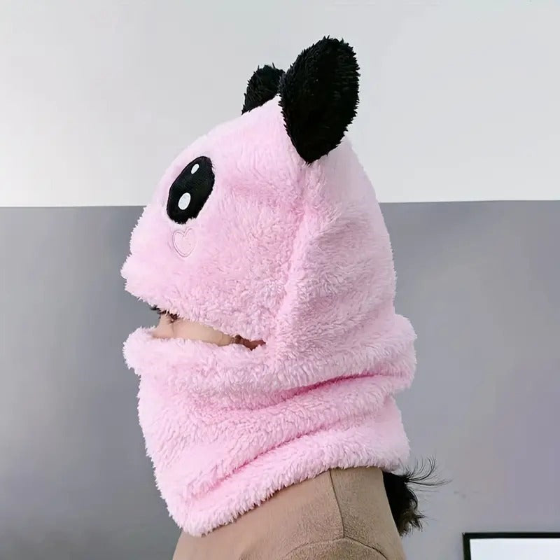 Panda Wool Cap With Neck Warmer Attached ( PINK ) #154