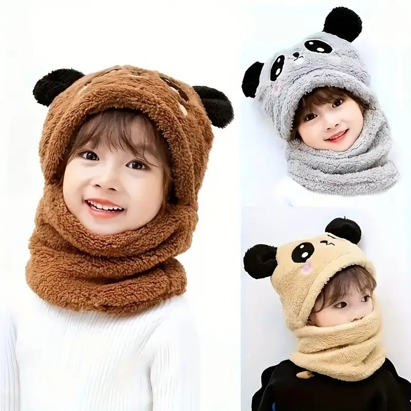 Panda Wool Cap With Neck Warmer Attached ( BROWN ) #154