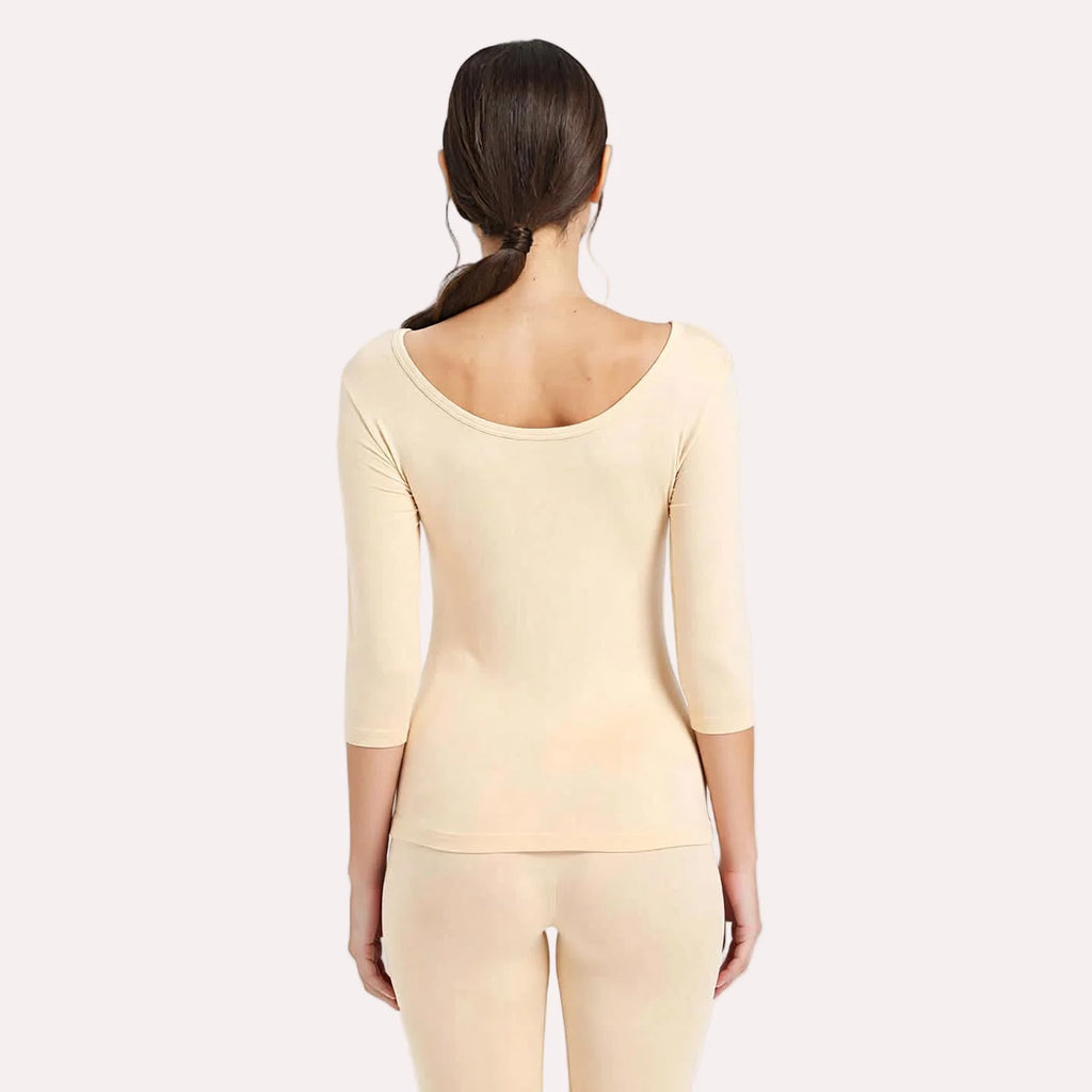 Women's Deep Neck Full-Body Thermal Warmer Wool (FULL SUIT) - BEIGE