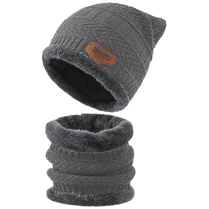 (Grey) Beanie Wool Cap With Neck Warmer. Full Set-2 Pieces #151