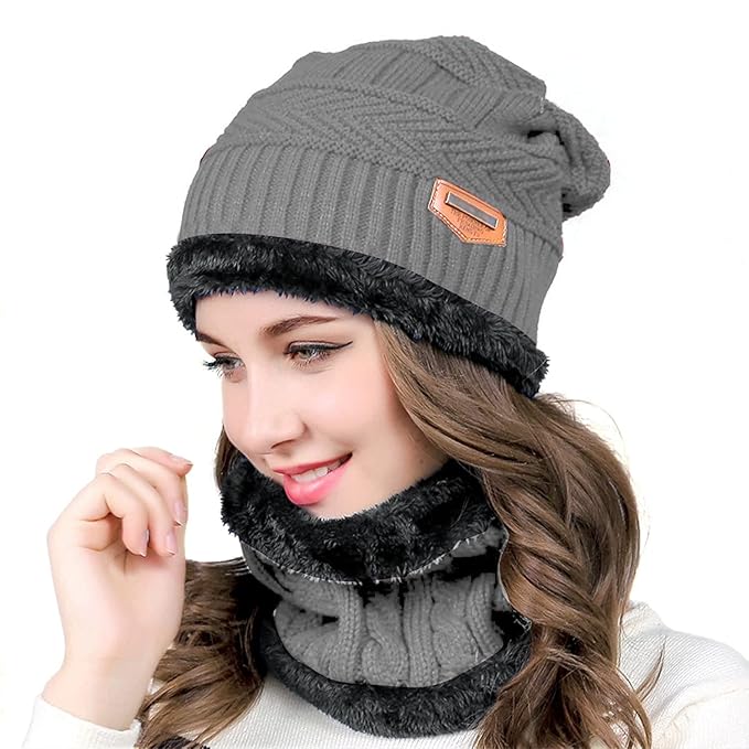 (Grey) Beanie Wool Cap With Neck Warmer. Full Set-2 Pieces #151