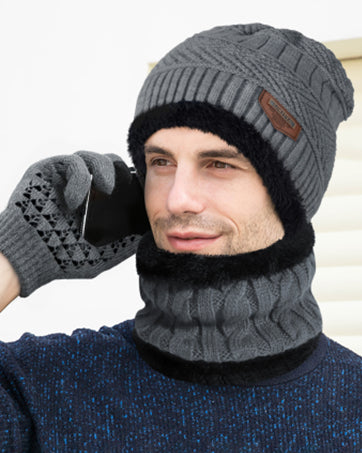 (Grey) Beanie Wool Cap With Neck Warmer. Full Set-2 Pieces #151