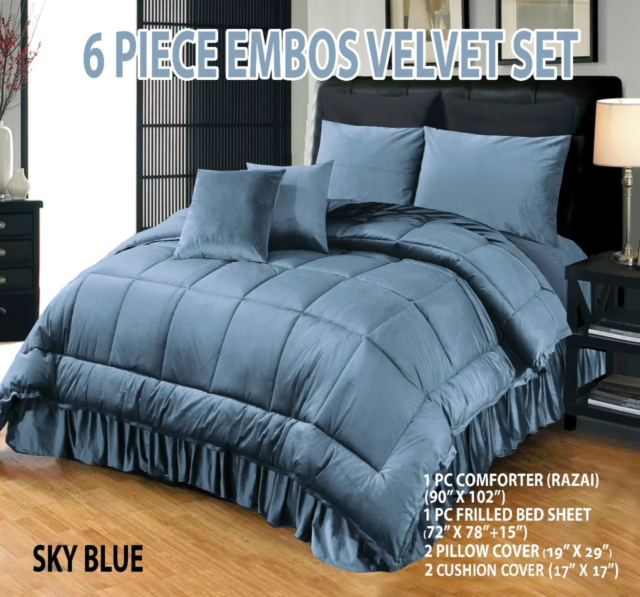 Wedding Embossed Velvet Frill Duvet, 6 Pieces (Razai)- Sky Blue